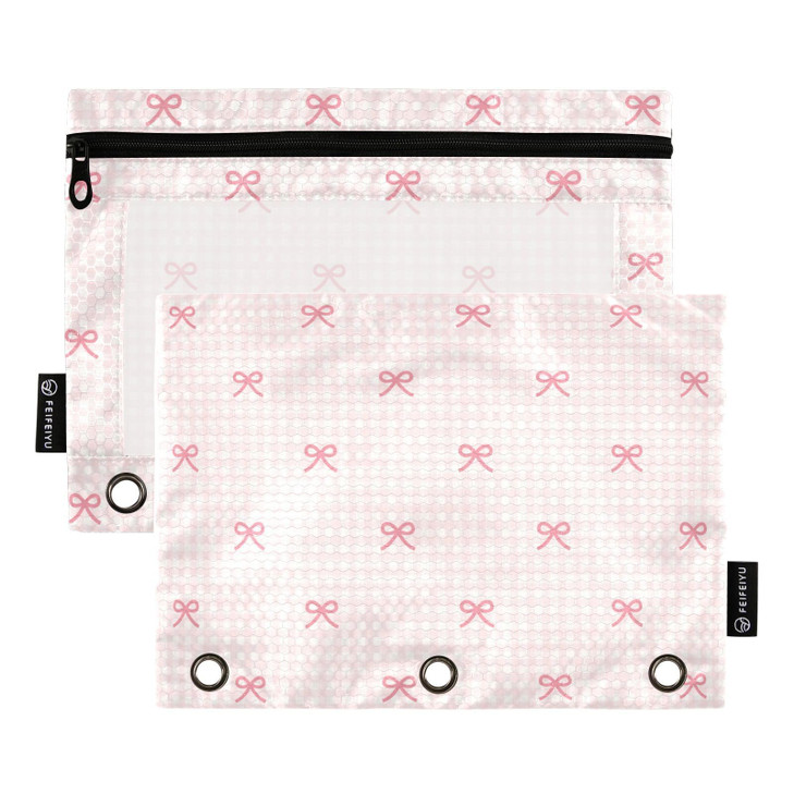 KICPOAY Pencil Pouch for 3 Ring Binder Pink Checkered and Bows 2 Pack Clear Window Pencil Bags with Zipper Pencil Case