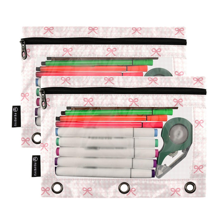 KICPOAY Pencil Pouch for 3 Ring Binder Pink Checkered and Bows 2 Pack Clear Window Pencil Bags with Zipper Pencil Case