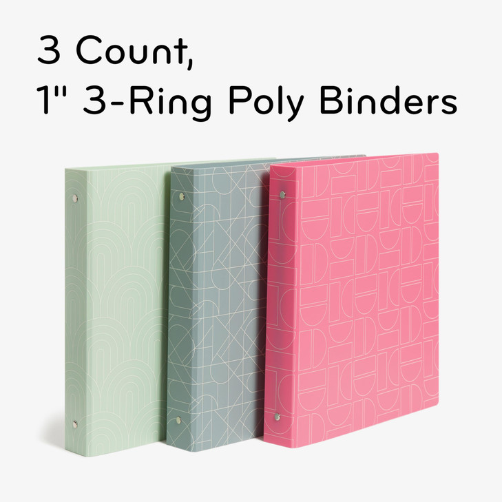 U Brands Poly Performance Artistic Marks Fashion 1 Binders Green Blue and Pink Silver Metal ORings 3 Count