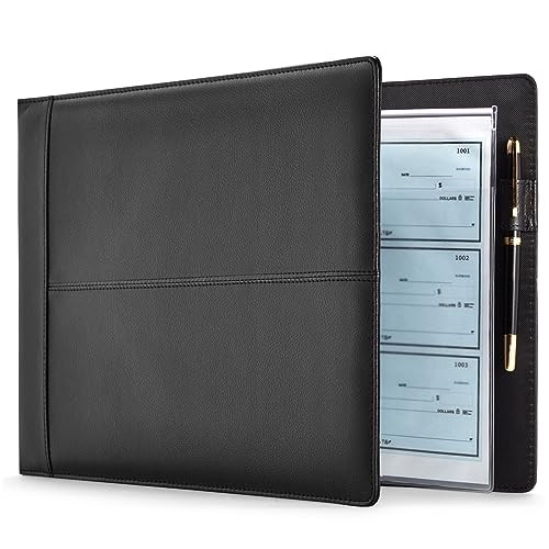 Juvale Check Binder Black Faux Leather 7Ring 14 x 10 in Fits 600 Checks Business Checkbook Binder Cover with Pen Loop Ch