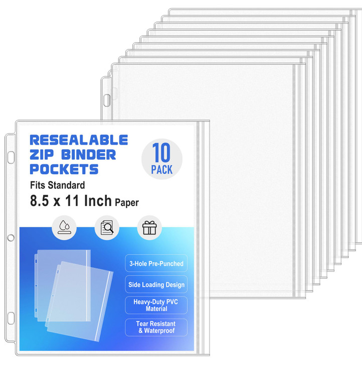 Antner 10 Pack Letter Size Binder Pockets 3 Ring Binder Zipper Pouch 3Hole Waterproof Resealable Zip Loose Leaf Insert B