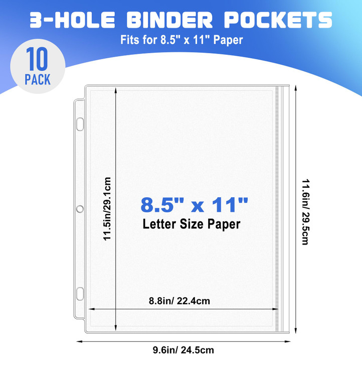 Antner 10 Pack Letter Size Binder Pockets 3 Ring Binder Zipper Pouch 3Hole Waterproof Resealable Zip Loose Leaf Insert B