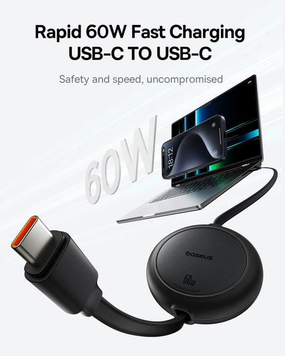 Baseus USB C Cable, 60W Mini Retractable USBC to USBC Fast Charging Cable, 4-Stage Length Preset USB Type C Charger Cord for iPhone 17 16 Pro Plus Pr