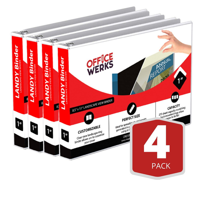 4 Pack of 85 X 11 Landscape View Binder 3Ring 1Inch Capacity Round Ring White Horizontal Formatted with Clear Cover Pock