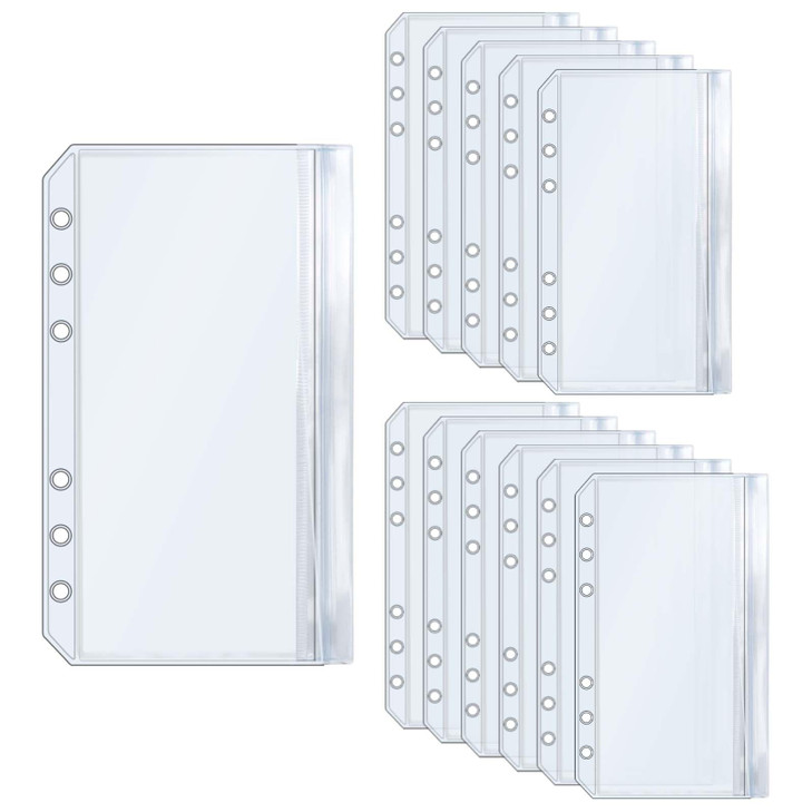 12pcs A6 Cash Stuffing Envelopes Binder Pockets Clear PVC 6 Hole Double Pocket Flat Sealing Zipper Pouches for 6 Ring Bi