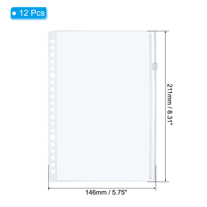 PATIKIL A5 Binder Pocket 12 Pack PVC Zipper 20 Holes Binder Pouch Folders Document Waterproof Filing Storage Loose Leaf