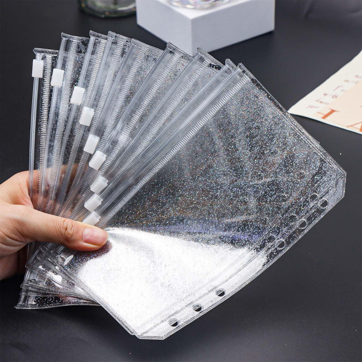 XiowDow 10pcs A6 Binder Pockets Clear Glitter Cash Stuffing Envelopes Plastic Zipper Pouch PVC Sheet Protectors for Mone