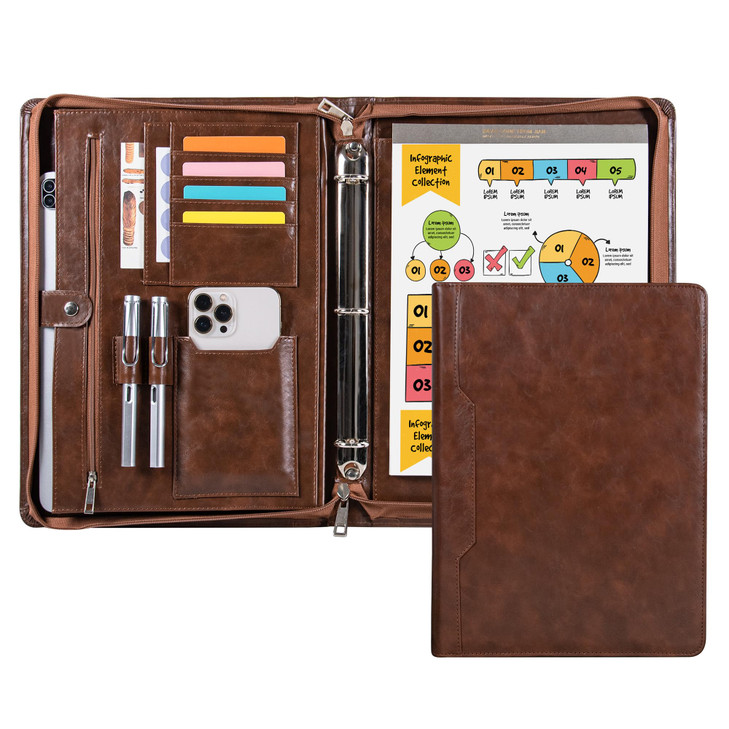 Professional 3Ring Portfolio Organizer A4 Padfolio with Zipper Premium PU Leather Business Planner Folder for Resume Int