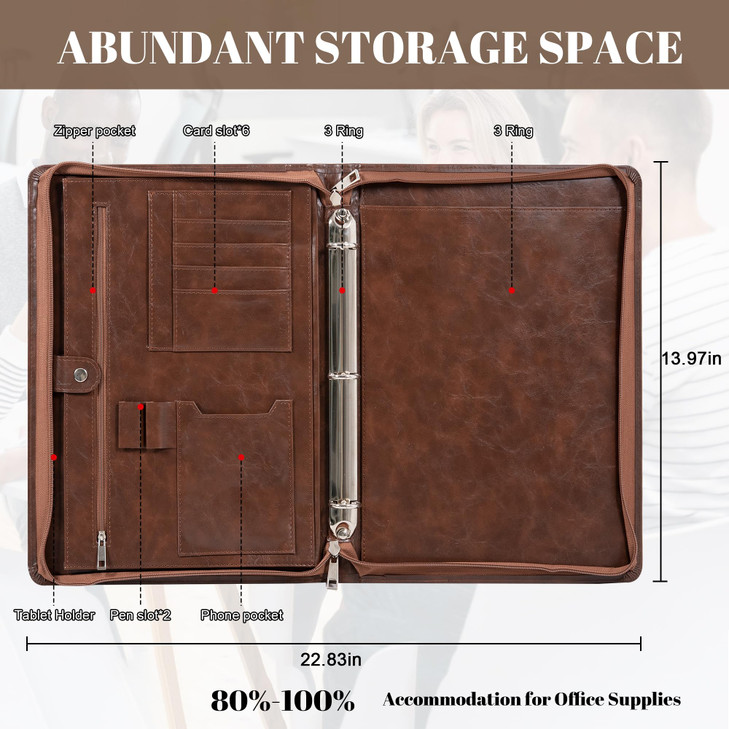 Professional 3Ring Portfolio Organizer A4 Padfolio with Zipper Premium PU Leather Business Planner Folder for Resume Int