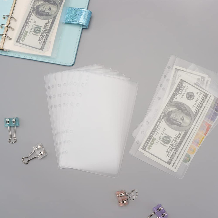 12pcs A6 Binder Pockets Frost PVC Cash Envelopes 6 Holes Side Open Binder Pouches Waterproof Money Organizer for A6 Bind