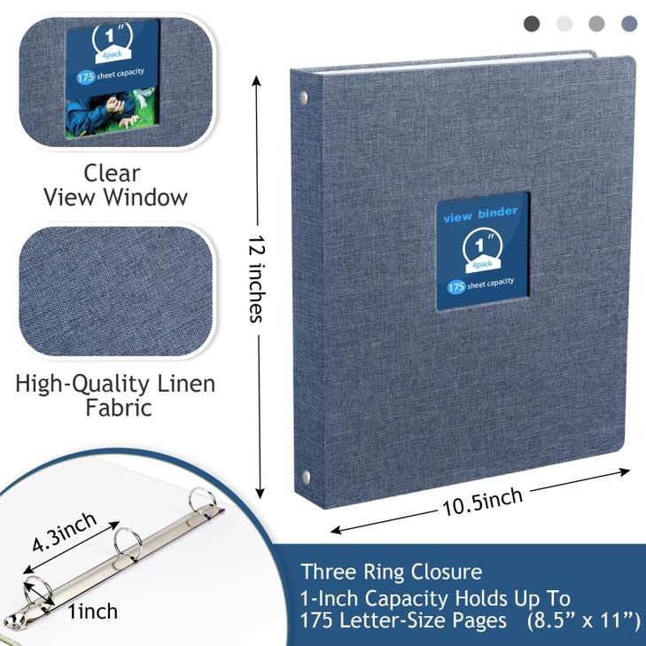 Lincia 4 Pcs Linen 3 Ring Binder 1 Ring Binders with Window Holds 175 Sheets 85 x 11 Letter Size Paper Office SuppliesBl