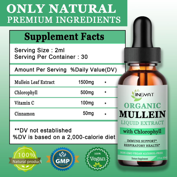 JINGYAT Mullein Drops for Lungs | Powerful Mullein Leaf Extract with Chlorophyll, Vitamin C, Cinnamon for Immune Support, Detox & Respiratory Support