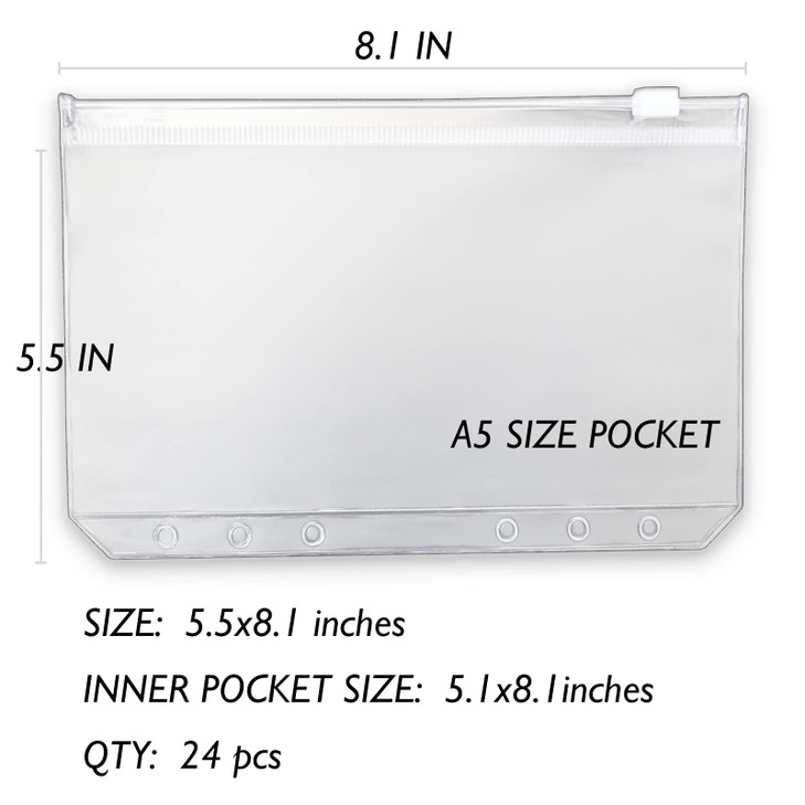 Tutata 24PCS A5 Binder Pockets A5 Budget Envelopes with Zipper Waterproof 6Ring Notebook Binder Document Filing Bags
