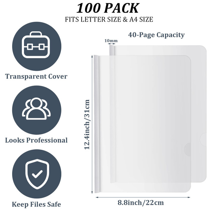 BBTO 100 Pcs Clear Report Covers with Sliding Bar for A4 Paper Resume Covers Presentation Folders File Document Binder f