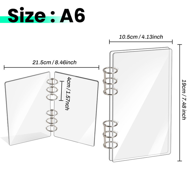 SBYURE A6 Binder 6Ring Clear Acrylic Binder Notebook Cover A6 Planner Budget Binder Loose Leaf Folders Refillable with S