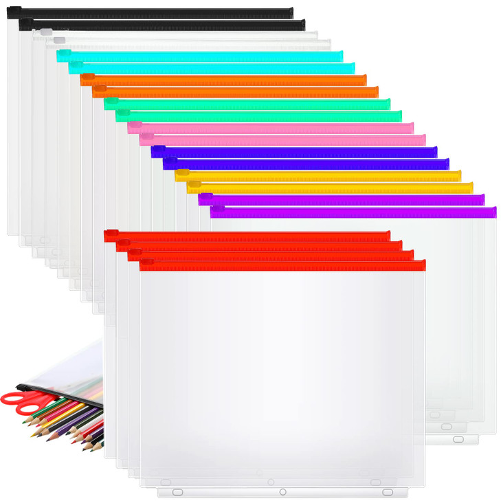 Gersoniel 40 Pieces Binder Pockets 3 Hole Zipper Pouch 3 Ring A4 Pockets with Zipper Binder Folders Plastic Pouches Loos