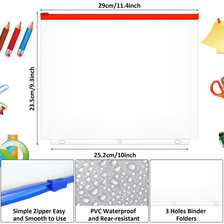 Gersoniel 40 Pieces Binder Pockets 3 Hole Zipper Pouch 3 Ring A4 Pockets with Zipper Binder Folders Plastic Pouches Loos