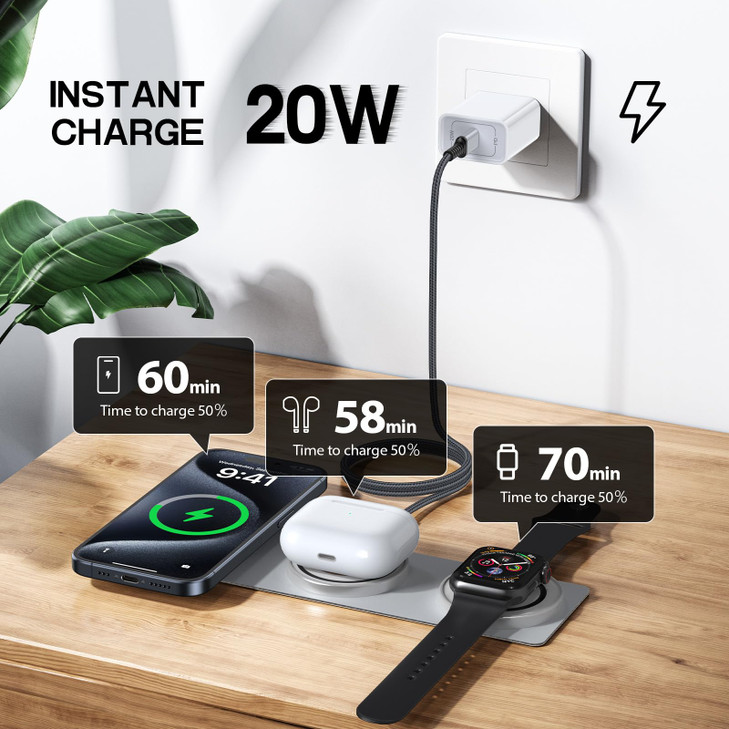 3-in-1 Foldable Magnetic Wireless Charger for iPhone 17, Travel Charging Station Fast Charging Pad for iPhone 17 Pro Max Air 16e 16 15 14 13 12 Pro M