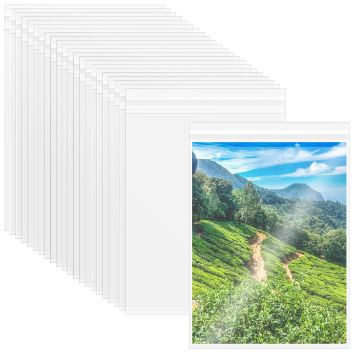 VOKOY 100PCS 85 x 11 Inch Cellophane Bags Self Sealing Resealable Clear Plastic Sleeves for Paper Artwork Photo Mats Com