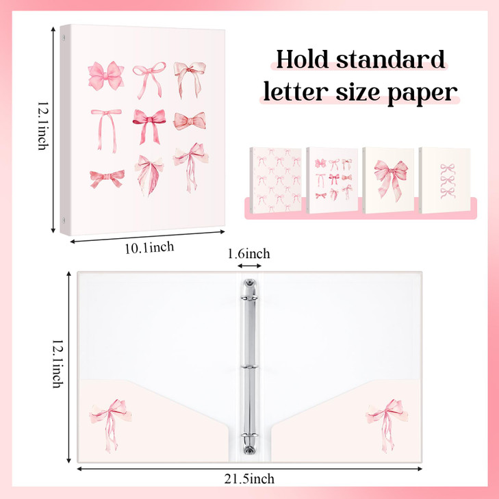 ReliThick 4 Pcs Letter Size Cute Bow 3 Ring Binder 1 Inch Round Ring with Interior Pockets Decorative Cute Binders Clipb