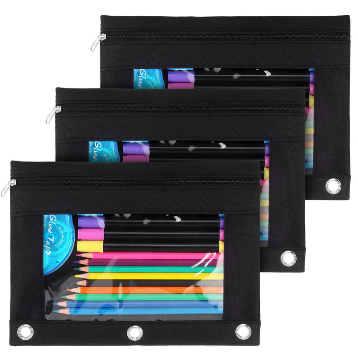 Tamaki 3 Ring Binder Pencil Pouch Clear Window Pencil Case Black 3 Pack