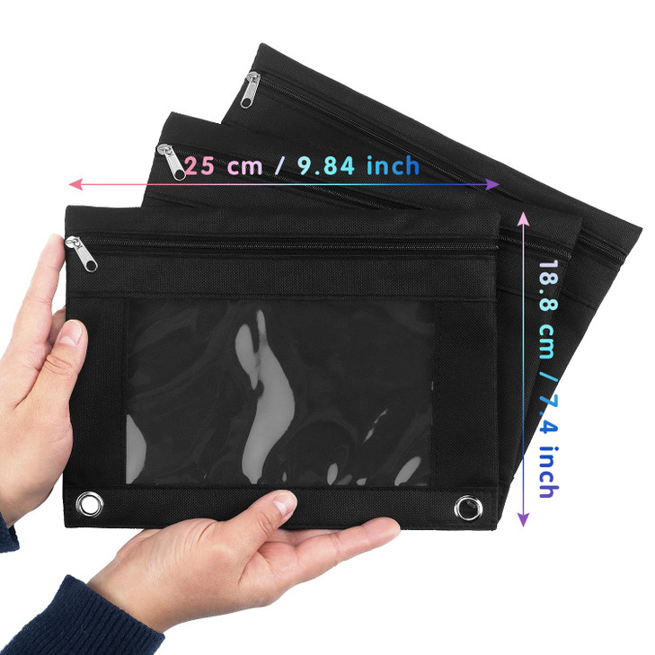 Tamaki 3 Ring Binder Pencil Pouch Clear Window Pencil Case Black 3 Pack