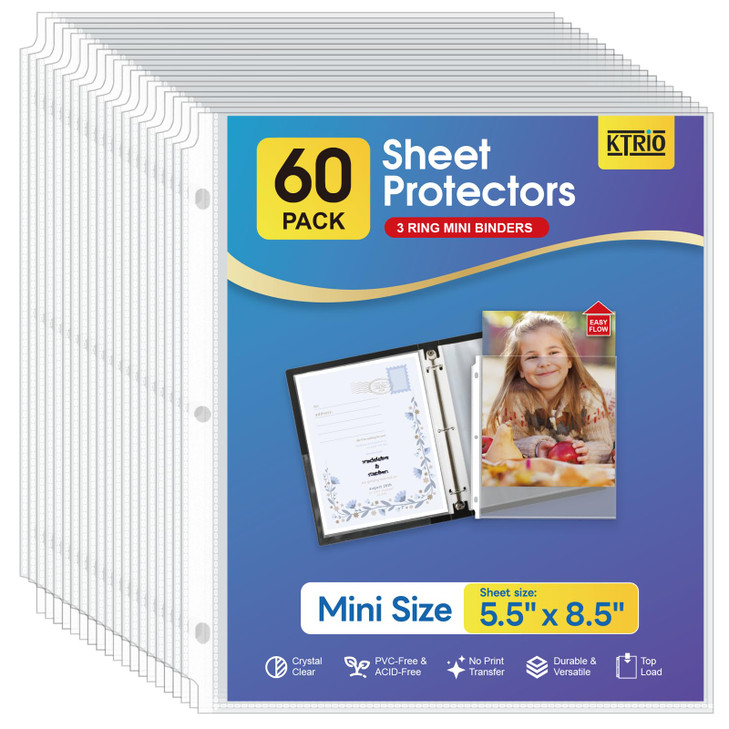 KTRIO Heavyweight Sheet Protectors 55 x 85 inch Clear Page Protector for Mini 3 Ring Binder Plastic Sleeves for Binders