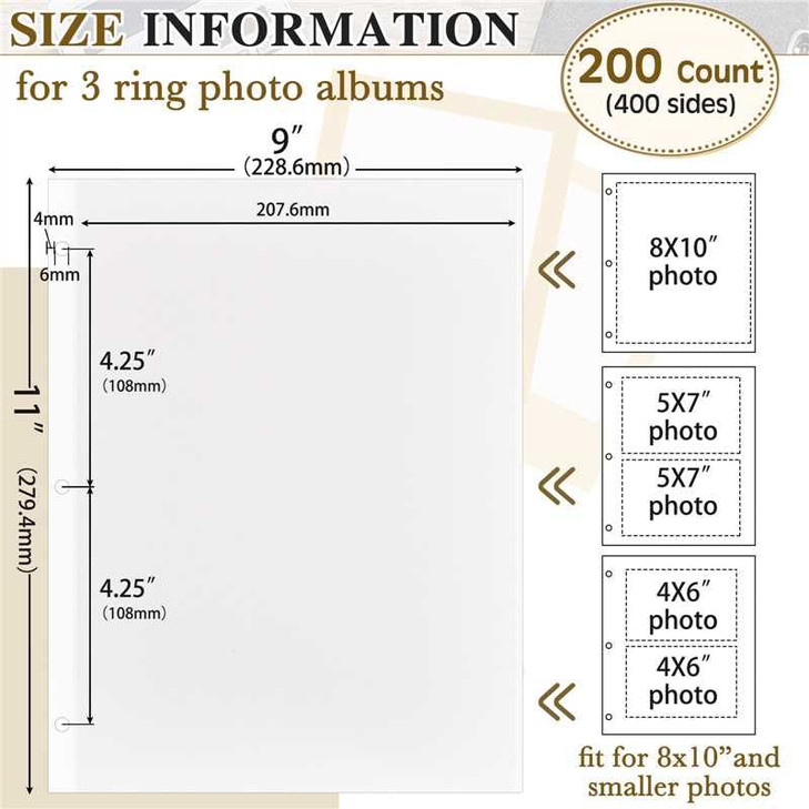 Chuangdi 200 Count400 Pages Photo Album Refill Pages for 3 Ring Binder 9 x 11 Inch Self Adhesive Double Sided Photo Albu