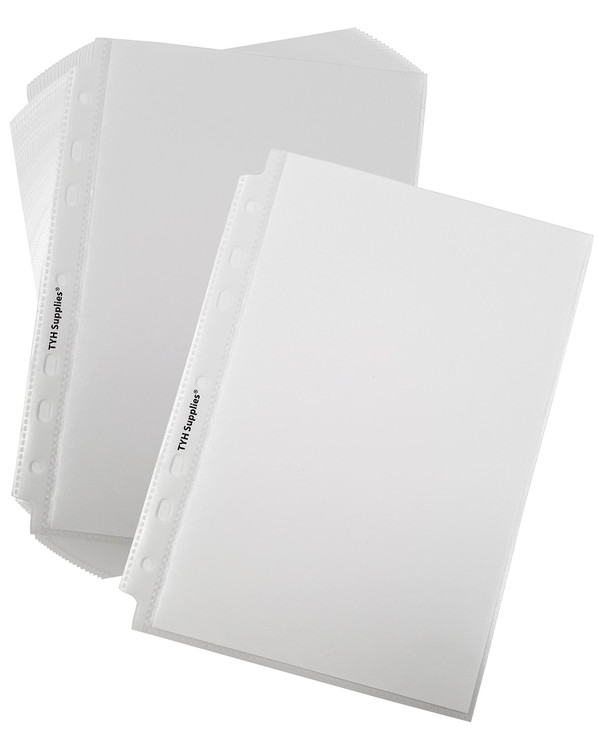 TYH Supplies 100 European Mini Half Page Economy 7 Hole Small Clear Sheet Protectors with White Binder Size 55 x 85 Inch