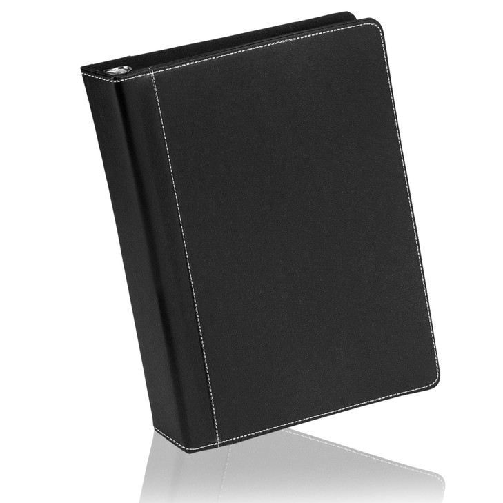 Twain Black Contrast Stitched Vegan Leather Binder with Round 1 Inch Capacity Nickel Metal Ring Portfolio Organizer Clas