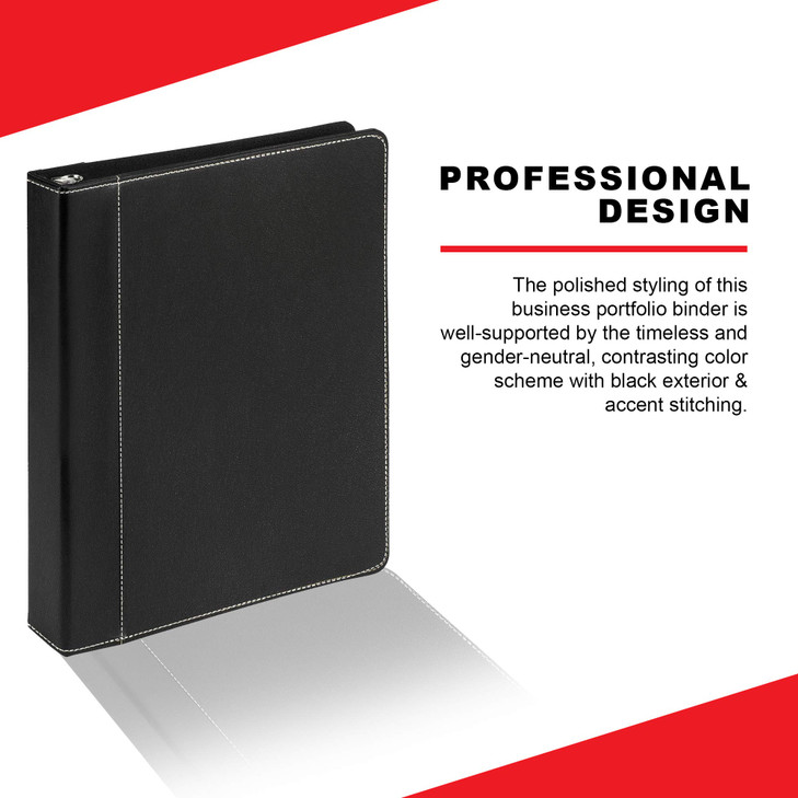 Twain Black Contrast Stitched Vegan Leather Binder with Round 1 Inch Capacity Nickel Metal Ring Portfolio Organizer Clas