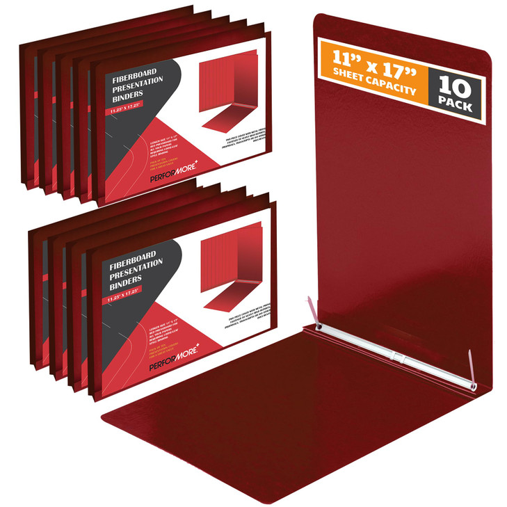 Performore 10 Pack of 11x17 Inch Landscape Pressboard Presentation Binder Folder Red Fiberboard Report Cover with Metal