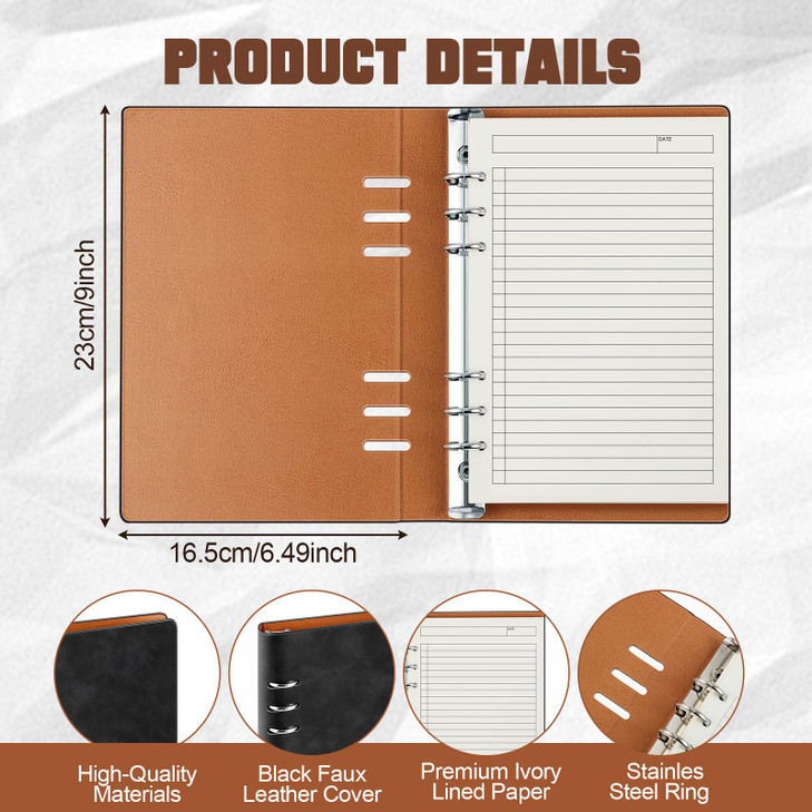 Henoyso 4 Pcs A5 Binder 6 Ring Notebook Refillable Planner Binder Small Leather Writing Journal with 100 Sheets Paper Pr