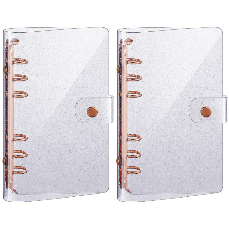 Tenare 2 Pcs Clear A6 Binder Glitter A6 Budget Binder PVC 6 Ring Cover Rose Gold Soft Notebook Transparent Shell Snap Bu