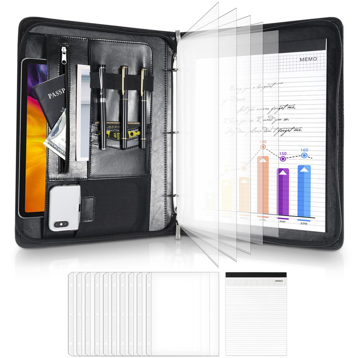 ProCase Portfolio 3 Ring Padfolio Folder Organizer PU Leather Business Planner A4 Notepad Zipper File Binder Clipboard R
