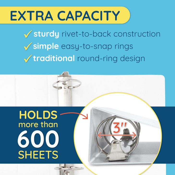White 3 Ring Binder 3 Inch Heavy Duty Large Binder with Clear View Cover for Office and School Big Rings Hold up to 625