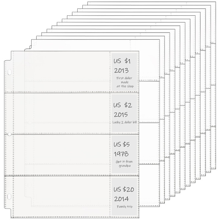 Chengu 24 Pcs 4 Pocket Currency Sleeves for 3 Ring Binder Clear Currency Album Bill Sleeves Holders Collection Binder Pl