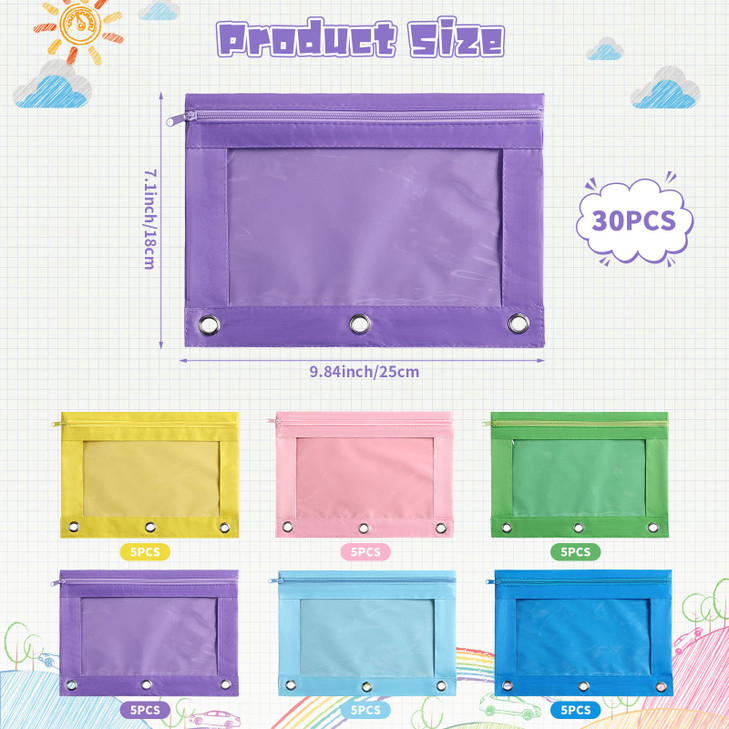 Fainne 30 Pack Pencil Pouch for 3 Ring Binder Zipper Pencil Pouches with Clear Window Oxford Cloth Binder Pencil Case Pe