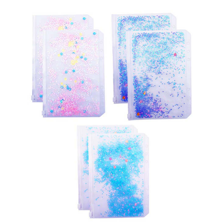 ChrisW 6PCS A5 6 Holes Binder Pockets Plastic Zipper Envelopes Pouch for A5 6Ring Binder Notebook Builtin Glitter Flakes