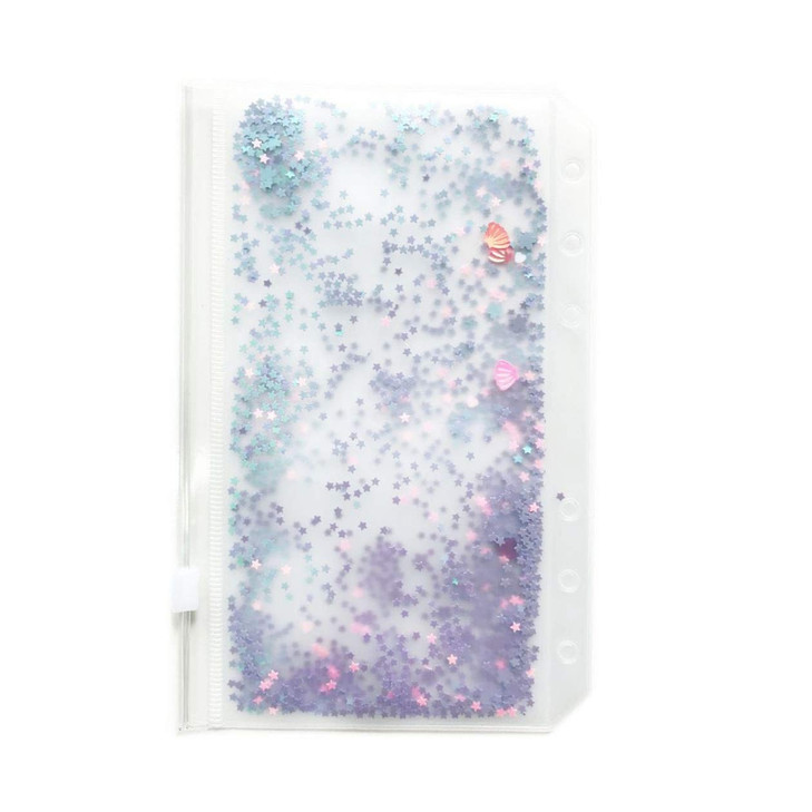 ChrisW 6PCS A5 6 Holes Binder Pockets Plastic Zipper Envelopes Pouch for A5 6Ring Binder Notebook Builtin Glitter Flakes