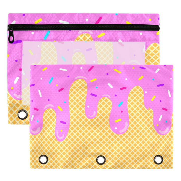 Ice Cream Pink Purple Binder Pouches 3 Ring for Boys Girls School Office College Supplies Waffle Cone Candy Pencil Pouch