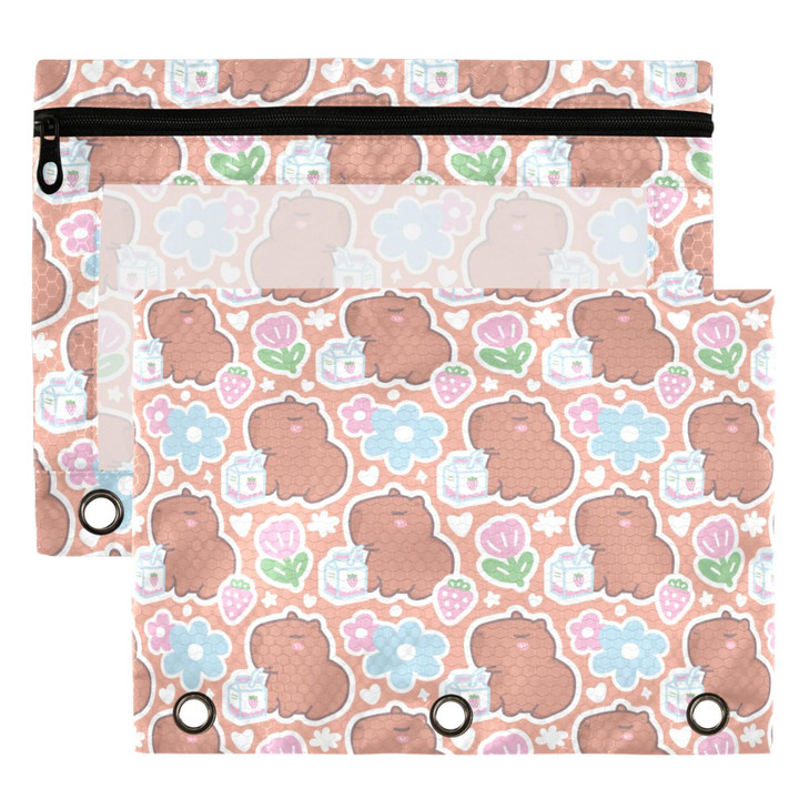 Capybara Binder Pouches 3 Ring for Boys Girls School Office College Supplies Cute Strawberry Flowers Doodle Pattern Penc