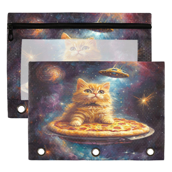 Star Cat Binder Pouches 3 Ring for Boys Girls School Office College Supplies Galaxy Space Pizza Alien Pencil Pouches Cas