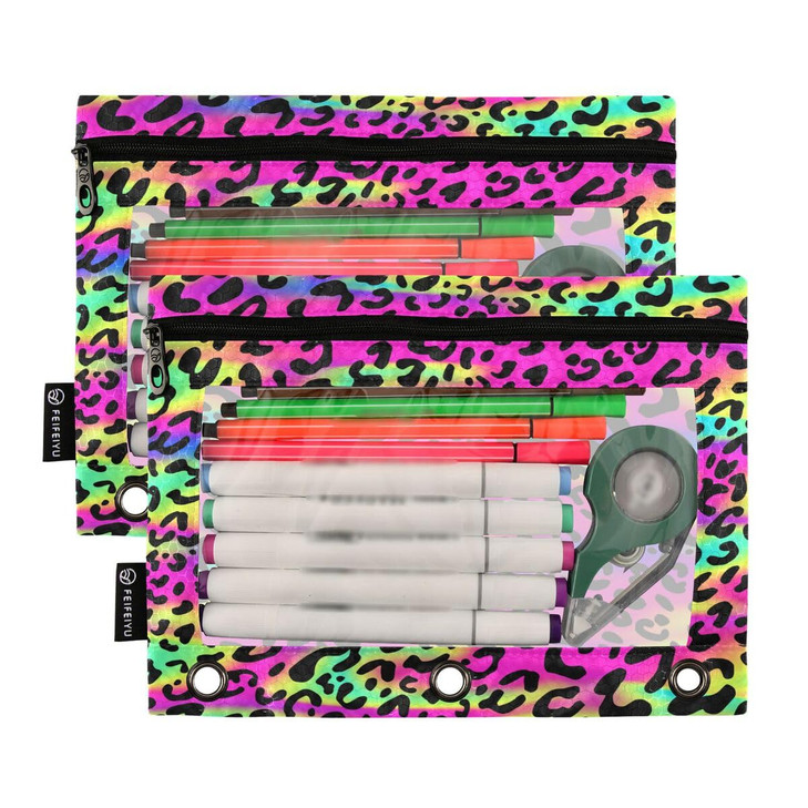 ALAZA Colorful Leopard Print Pencil Pouch for 3 Ring Binder Pencil Bags Pockets Pencil Case with Clear Window Zipper Cos