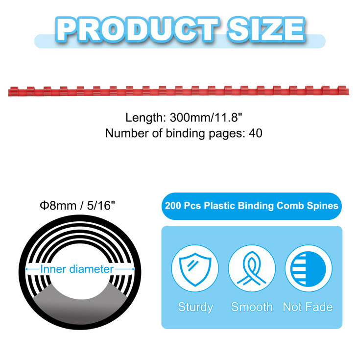 PATIKIL 8mm 516 Plastic Binding Combs 200 Pcs 21 Rings Comb Binding Spines 40 Sheet Capacity Letter Size for Binding Pap