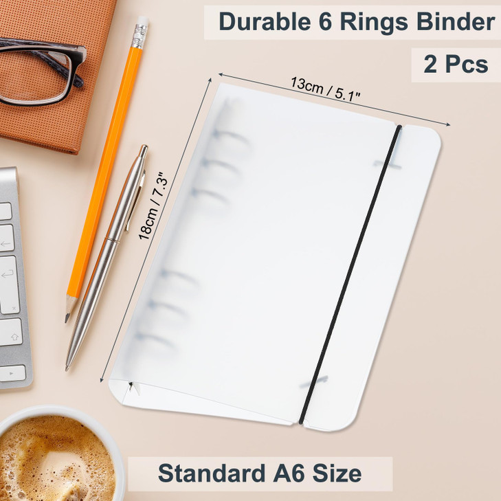 PATIKIL A6 Binder Cover 2 Pcs PP 6 Ring Round Ring Binder Cover with Black Fixing Belt Metal Lock Loose Leaf Binder Prot