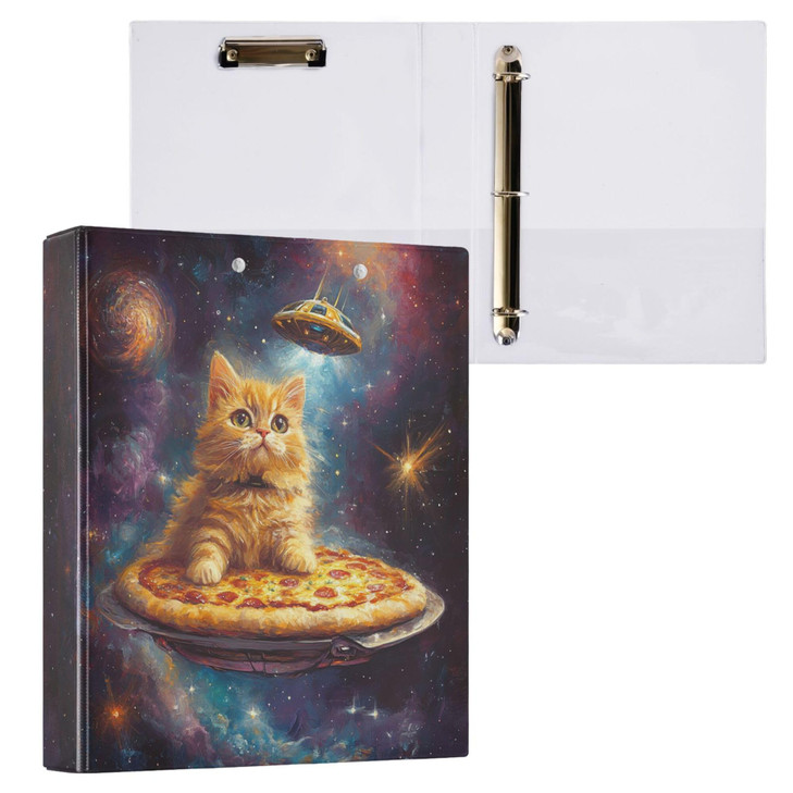 Cat Round Ring Binders 15 Galaxy Alien Pizza 3 Ring Clipboard Binder for Office School Work Supplies File Folder 200 She