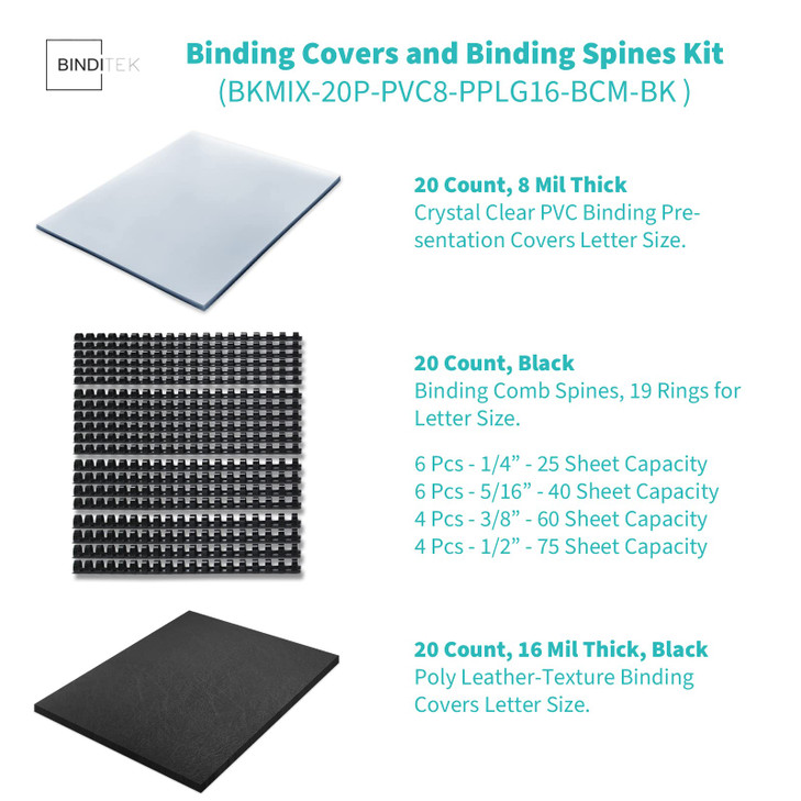 Binditek 60 Pack Binding Covers kit Includes 20 8Mil Clear PVC 20 Black LeatherTextured Heavyduty Polycovers 20 Plastic