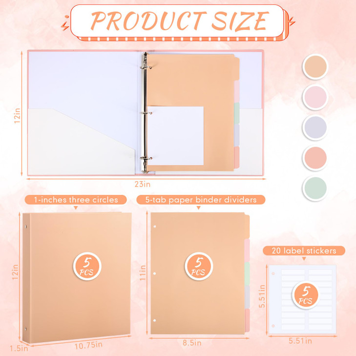Ctosree 5 Sets 1 Inch Heavy Duty 3 Ring Binder with 2 Pockets with 5 Tab Dividers 85 x 11 Inch Plastic Film and File Fol