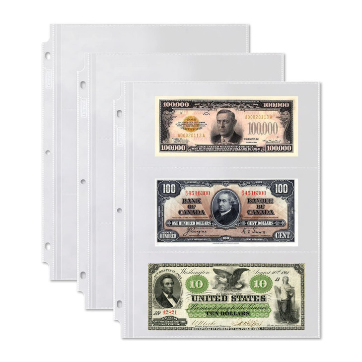 Dunwell Binder Currency Sleeves for Collectors 25 Pack AcidFree 3Pocket Clear Plastic Refill Pages for Currency Collecti